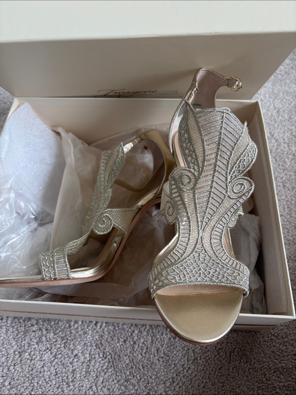 Vince Camuto Gold Embellished Leaf-Detail Heels
